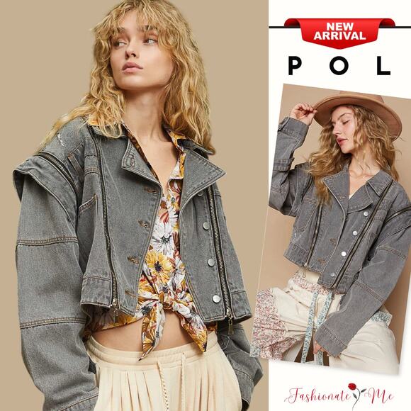 POL Jackets & Blazers - POL Removable Sleeves Multiple Zipper Details Cropped Denim Jacket | Dark Grey